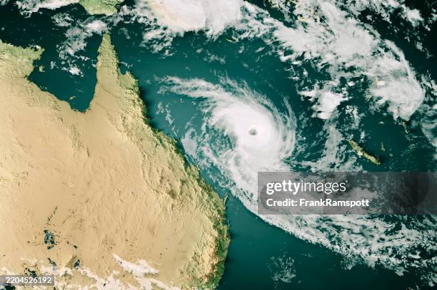 ciclón alfred 20250228 mapa de nubes mar del coral 3d renderizar color - queensland fotografías e imágenes de stock