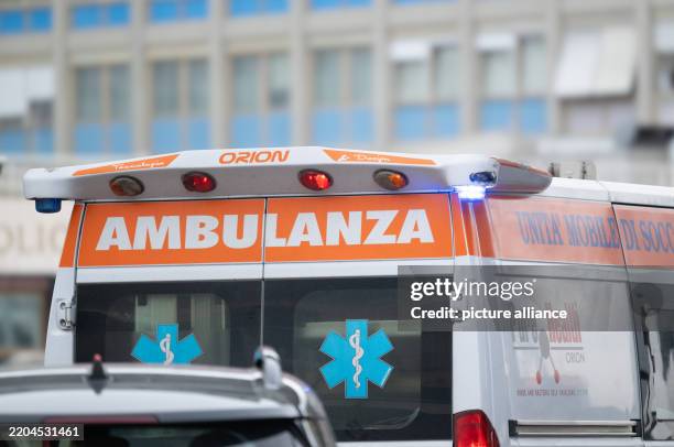 March 2025, Italy, Rom: An ambulance drives in front of the Agostino Gemelli Polyclinic in Rome, where Pope Francis is being treated. Photo: Marijan...