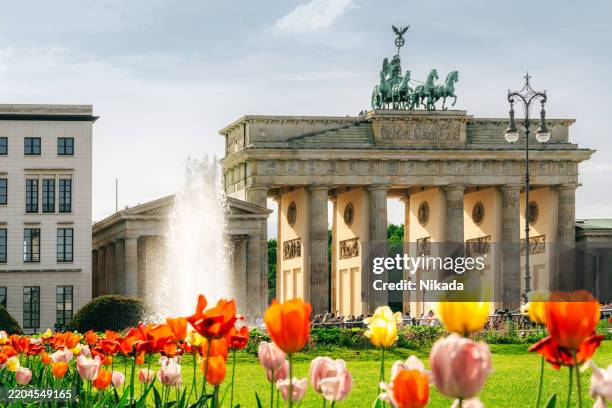 scenic view of brandenburg gate with vibrant flowers and fountain display - porta de brandemburgo imagens e fotografias de stock