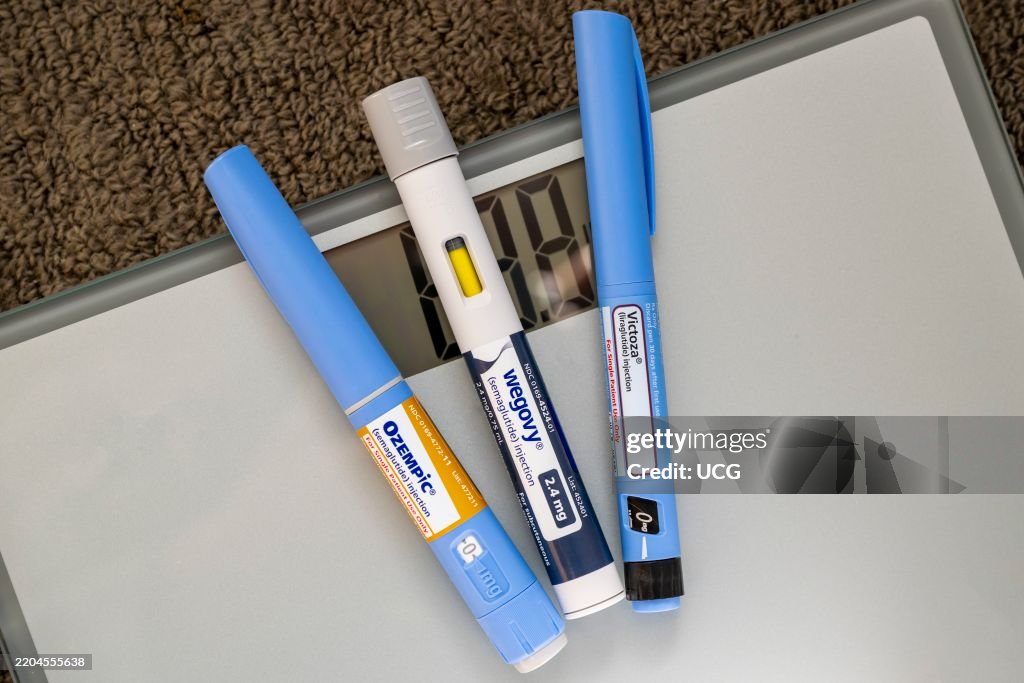 Ozempic, Victoza and Wegovy, injectable prescription weight loss medicines with weight scale