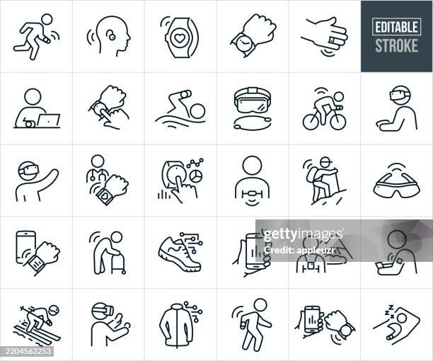 wearable technology thin line icons - editable stroke - icons include a person wearing a smartwatch, fitness tracker, headset, virtual reality, smart devices, data transmission, medical health tracker, smart glasses, gps tracking, sleep monitoring - wearable computer stock illustrations