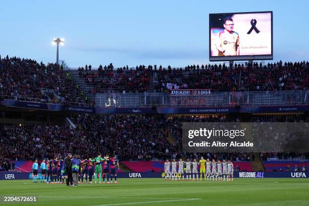 General view as players, match officials and fans observe a minutes silence, in tribute to Carlos Minarro Garcia, FC Barcelona club doctor, who...