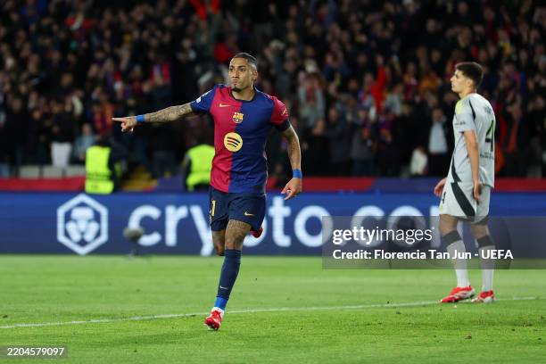 Raphinha of FC Barcelona celebrates scoring his team's third goal during the UEFA Champions League 2024/25 UEFA Champions League 2024/25 Round of 16...