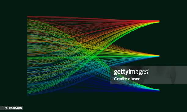 illustrations, cliparts, dessins animés et icônes de un affichage vibrant de lignes fluides dans un spectre de couleurs, créant un visuel dynamique serpentant sur un fond sombre. - spectre lumineux