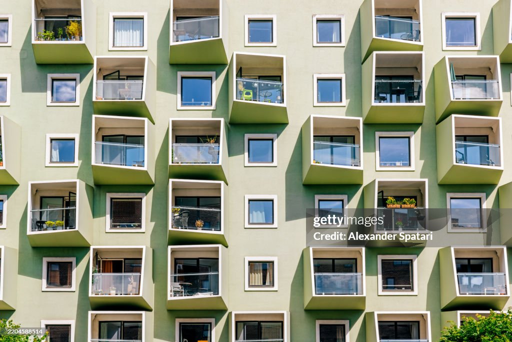Futuristic cube shaped windows of the modern apartment building in Copenhagen, Denmark