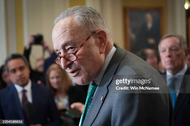 Senate Minority Leader Chuck Schumer speaks during a press conference following a policy luncheon at the U.S. Capitol on March 11, 2025 in...