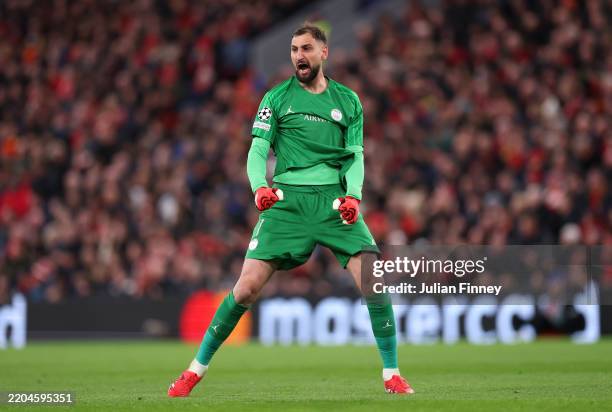 Gianluigi Donnarumma of Paris Saint-Germain celebrates after Ousmane Dembele of Paris Saint-Germain scores his team's first goal during the UEFA...