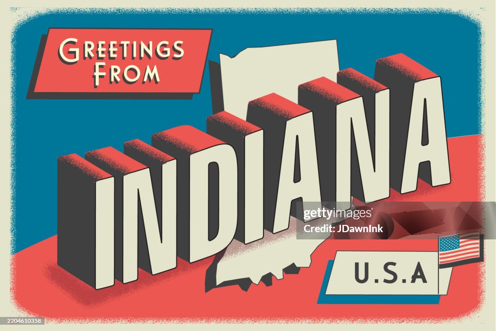 Greetings from Indiana State USA retro postcard design layout with 3D vintage patriotic tourism style text design. Red and blue color palette with American flag
