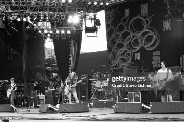 Members of English Alternative Rock group Lush perform, during the Lollapalooza music festival, onstage at Jones Beach, Wantagh, New York, August 1,...