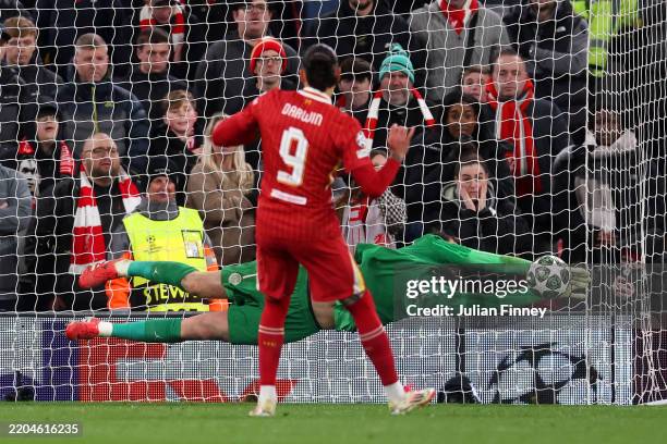 Gianluigi Donnarumma of Paris Saint-Germain saves a penalty from Darwin Nunez of Liverpool in the shootout during the UEFA Champions League 2024/25...