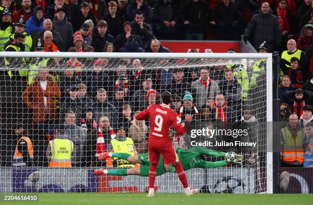 Gianluigi Donnarumma of Paris Saint-Germain saves a penalty from Darwin Nunez of Liverpool in the shootout during the UEFA Champions League 2024/25...