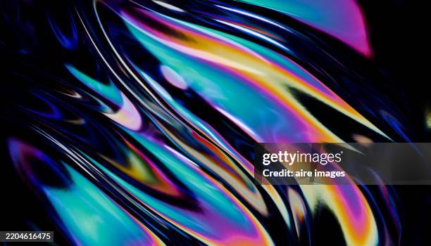 holographic iridescent colorful wavy abstract background flowing like silk or water - glatte oberfläche stock-fotos und bilder