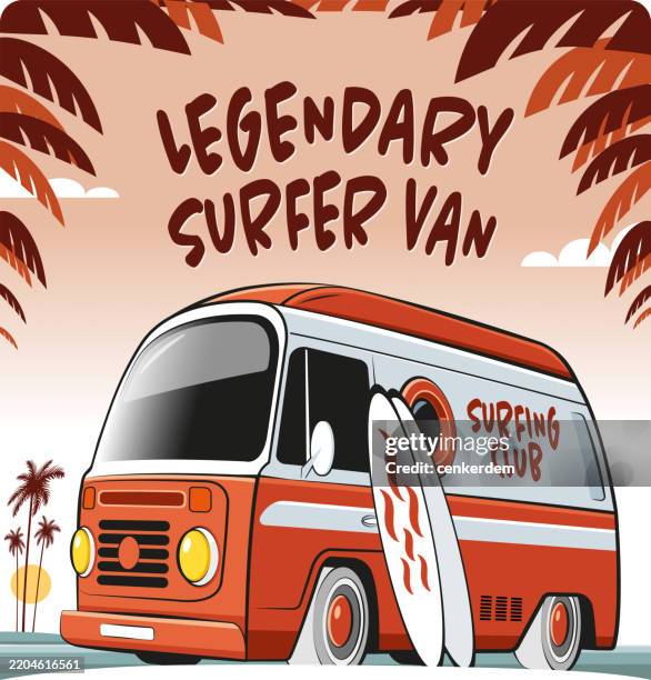 surfer van on the beach - mini van stock illustrations