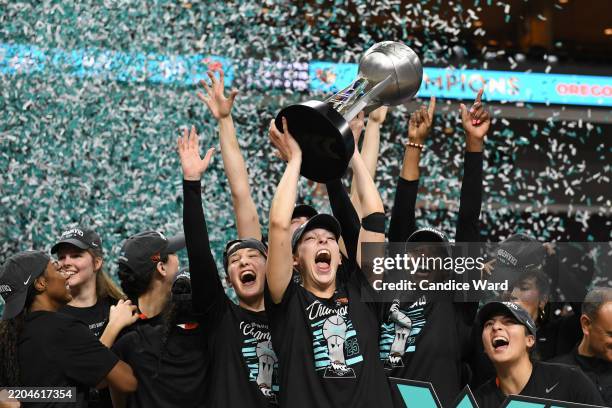 The Oregon State Beavers celebrate defeating the Portland Pilots 59-46 in the championship game of the West Coast Conference women's basketball...