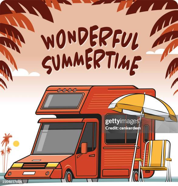 motor home on the beach - van life america stock illustrations