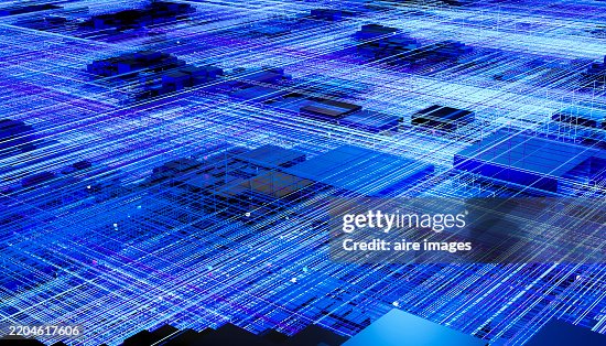 Complex network of interconnected data blocks transferring information through bright blue lines Complex network of interconnected data blocks transferring information through bright blue lines