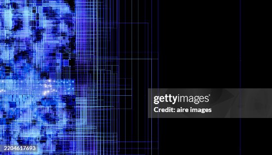 Blue digital matrix code transmitting data on black background Blue digital matrix code transmitting data on black background