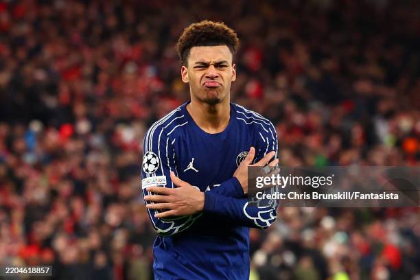 Desire Doue of Paris Saint-Germain celebrates scoring the winning penalty in the shoot-out following the UEFA Champions League 2024/25 UEFA Champions...