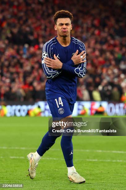 Desire Doue of Paris Saint-Germain celebrates scoring the winning penalty in the shoot-out following the UEFA Champions League 2024/25 UEFA Champions...