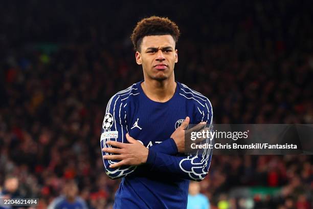 Desire Doue of Paris Saint-Germain celebrates scoring the winning penalty in the shoot-out following the UEFA Champions League 2024/25 UEFA Champions...