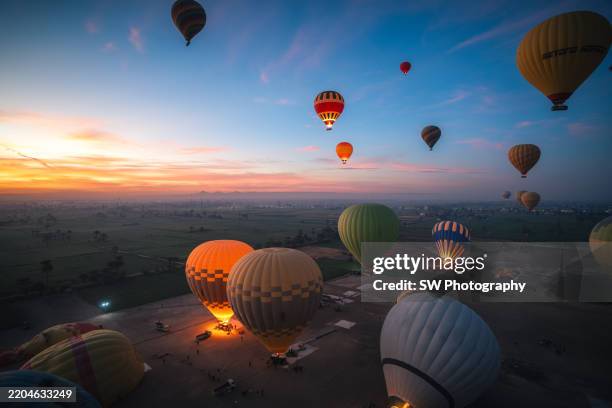 hot air balloon takeoff over luxor, egypt - mongolfiera foto e immagini stock
