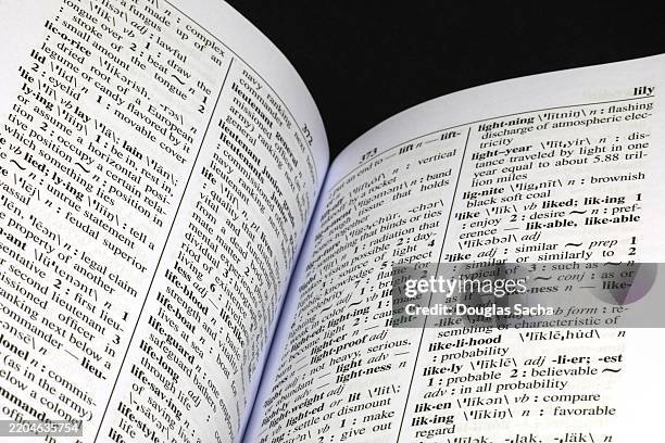 open dictionary book with definitions - woordenboek stockfoto's en -beelden