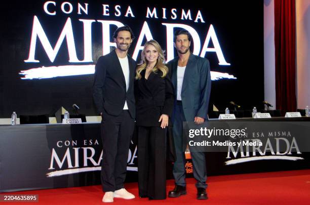 Iván Sánchez, Angélica Rvera and Diego Klein pose for photo during the press conference on the series 'Con Esa Mirada' at Televisa San Angel on March...