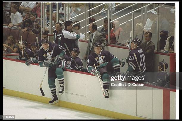 General view of the Anaheim Mighty Ducks bench during a preseason game against the San Jose Sharks at Arrowhead Pond in Anaheim, California....