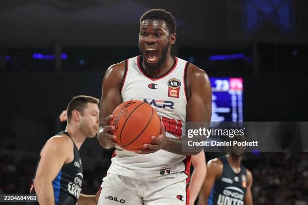 Darius Days of the Hawks celebrates during game two of the NBL Grand Final Series between Melbourne United and Illawarra Hawks at John Cain Arena, on...