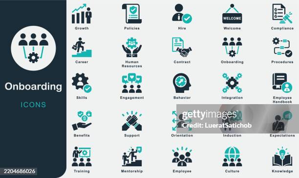 bildbanksillustrationer, clip art samt tecknat material och ikoner med onboarding solid icons collection.containing hire, hr, humanresources, welcome, skills, knowledge, behavior, employee, contract, training, growth, career, benefits, support, orientation, induction - rekrytering