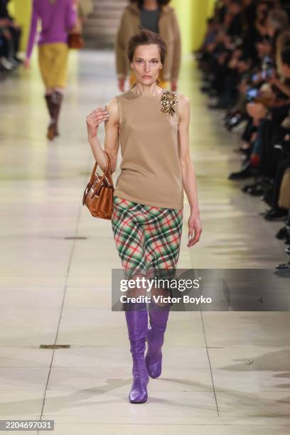 Model walks the runway during the Miu Miu Womenswear Fall/Winter 2025-2026 show as part of Paris Fashion Week at Palais d'Iena on March 11, 2025 in...