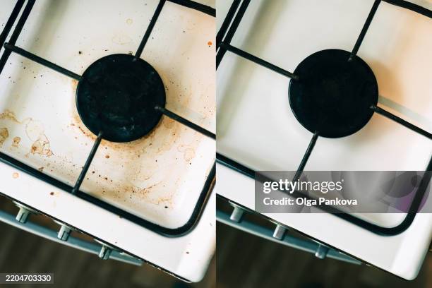 dirty and clean gas stove comparison showing effective cleaning - cooker stock pictures, royalty-free photos & images