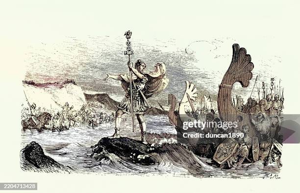 stockillustraties, clipart, cartoons en iconen met roman legion standard bearer leading julius caesar's invasions of britain - romeins