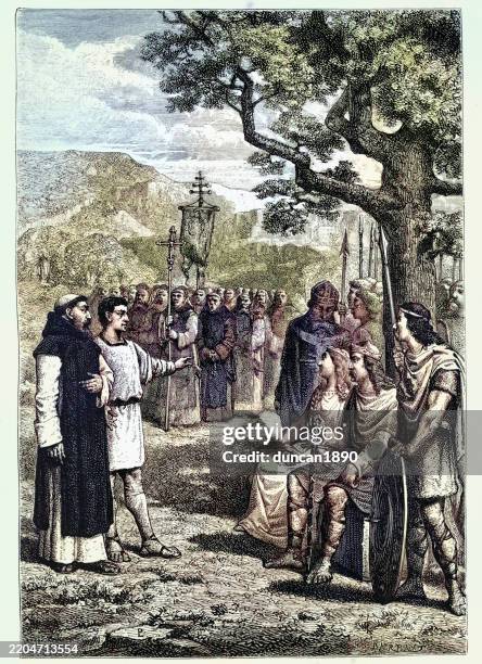 missionary saint augustine of canterbury before king ethelbert, english history - anglo saxon stock illustrations