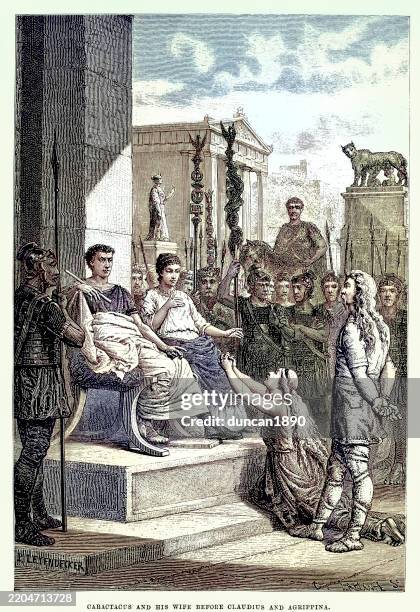 history of ancient rome, caractacu sand his wife before claudius and agrippina - emperor stock illustrations