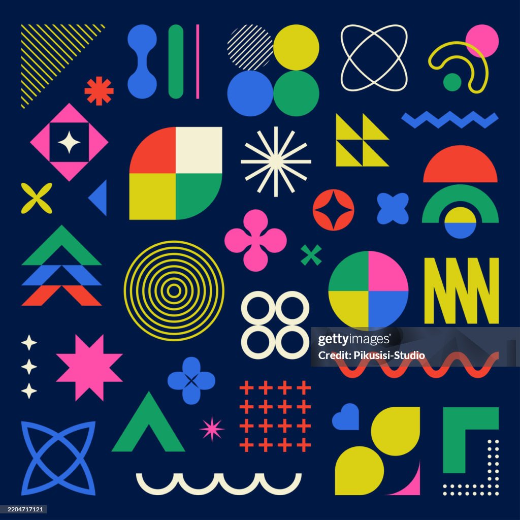 Postmodern abstract geometric elements with Brutalist shapes on a dark blue background.
