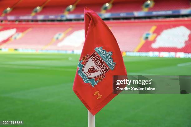 Illsutration of Liverpool FC corner post flag during the UEFA Champions League 2024/25 UEFA Champions League 2024/25 Round of 16 Second Leg match...