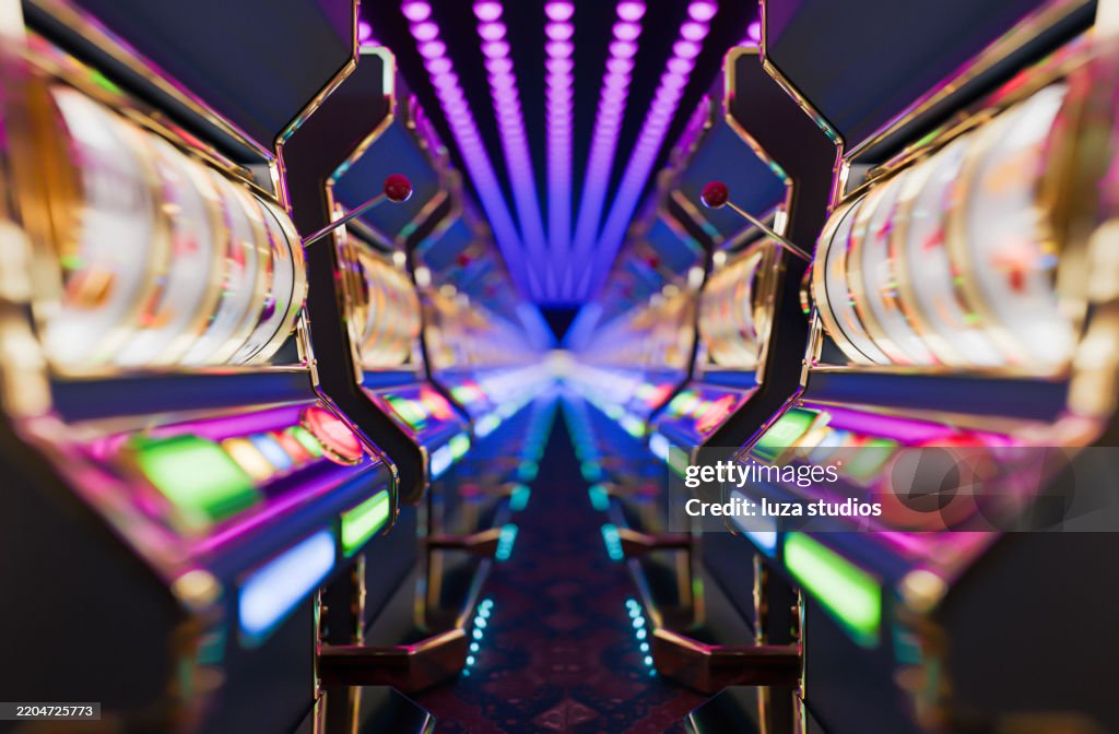 Vibrant Casino Slot Machines with Glowing Lights in a Decorative Interior
