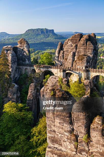 bastei bridge and lilienstein mountain, saxon switzerland, germany - saxony stock pictures, royalty-free photos & images