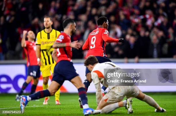 Jonathan David of LOSC Lille celebrates scoring his team's first goal during the UEFA Champions League 2024/25 Round of 16 Second Leg match between...