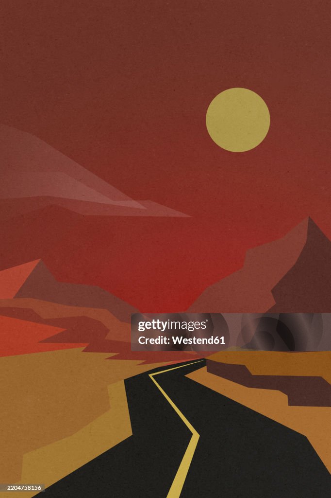 Illustration of a desert road at dawn or dusk with a red sky and mountains