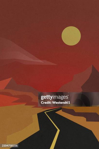 illustration of a desert road at dawn or dusk with a red sky and mountains - desert road sunrise stock illustrations