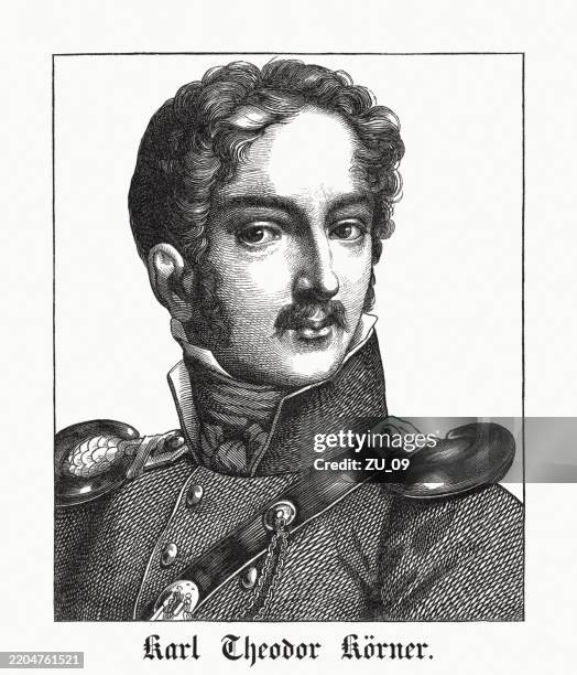 theodor körner (1791-1813), german poet and playwright, woodcut, published 1854 - freedom fighter stock illustrations