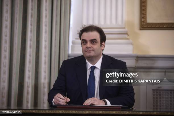 Newly appointed Finance Minister Kyriakos Pierrakakis attends a swearing-in ceremony at the Presidential Palace in Athens, Greece on March 15, 2025.