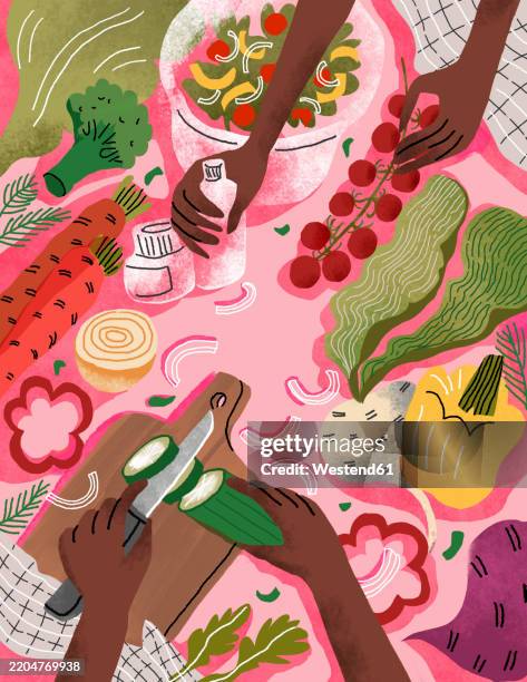 colorful illustration of hands preparing a healthy vegetarian meal with fresh vegetables - salatschüssel stock-grafiken, -clipart, -cartoons und -symbole