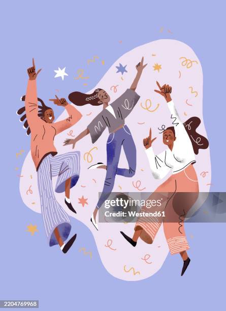 illustration of dancing happy young people in casual clothes depicting joy and fun - confetti animated if stock illustrations