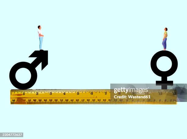 illustrazioni stock, clip art, cartoni animati e icone di tendenza di man and woman standing on gender symbols over ruler - pollice sistema metrico anglosassone