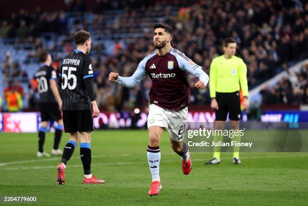 Marco Asensio of Aston Villa celebrates scoring his team's first goal during the UEFA Champions League 2024/25 Round of 16 Second Leg match between...