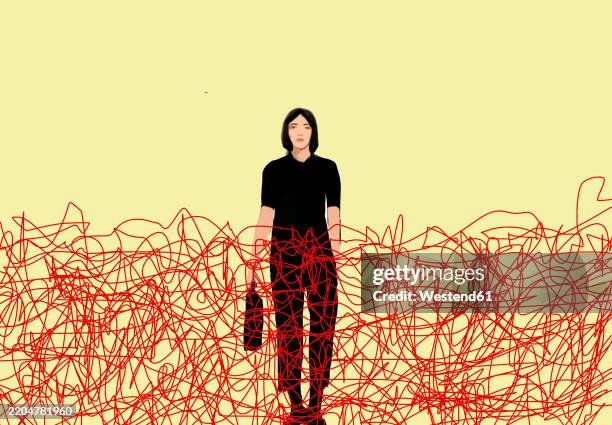 illustration of businesswoman holding bag in tangled lines - tangled stock illustrations