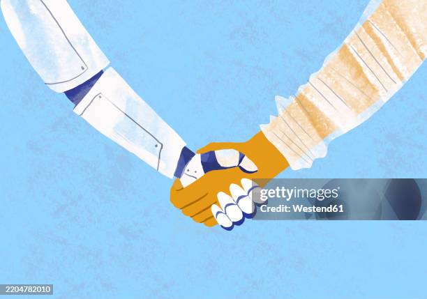 illustration of a robot and human shaking hands symbolizing cooperation - handshake blue background stock illustrations
